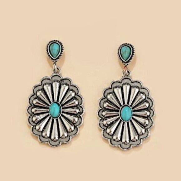 SILVER TURQUOISE SANTA FE STYLE CONCHO DANGLE EARRINGS - Picture 1 of 4